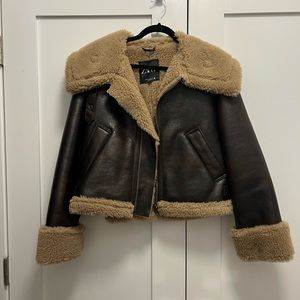 Zara Brown Leather Jacket with Tan Shearling